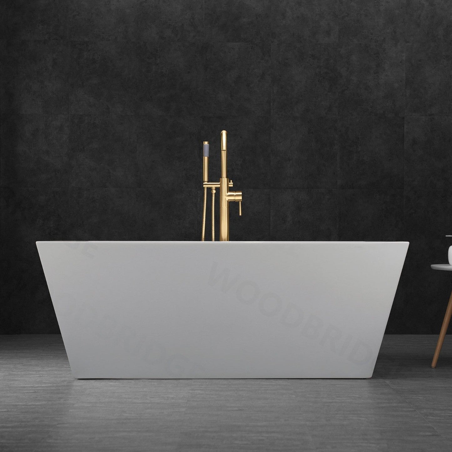 WoodBridge B1412 59" White Acrylic Freestanding Soaking Bathtub With Brushed Gold Drain, Overflow, F0073BGVT Tub Filler and Caddy Tray