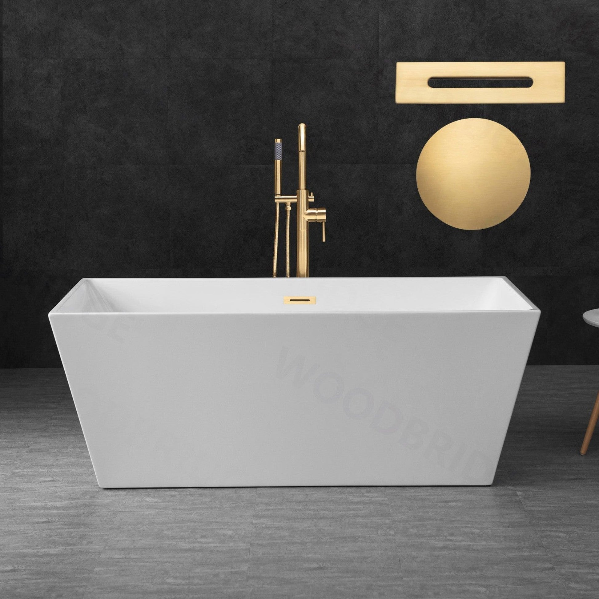 WoodBridge B1412 59" White Acrylic Freestanding Soaking Bathtub With Brushed Gold Drain, Overflow, F0073BGVT Tub Filler and Caddy Tray