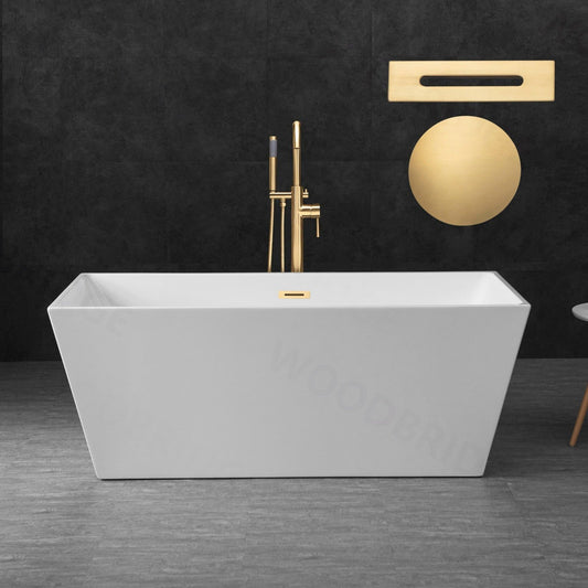 WoodBridge B1412 59" White Acrylic Freestanding Soaking Bathtub With Brushed Gold Drain, Overflow, F0073BGVT Tub Filler and Caddy Tray