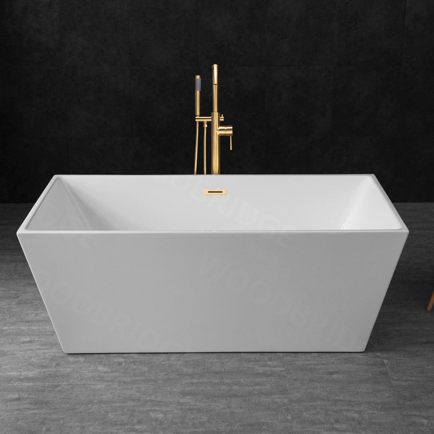 WoodBridge B1412 59" White Acrylic Freestanding Soaking Bathtub With Brushed Gold Drain, Overflow, F0073BGVT Tub Filler and Caddy Tray