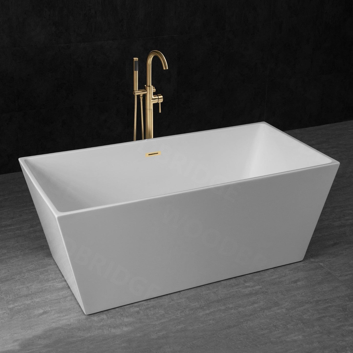 WoodBridge B1412 59" White Acrylic Freestanding Soaking Bathtub With Brushed Gold Drain, Overflow, F0073BGVT Tub Filler and Caddy Tray