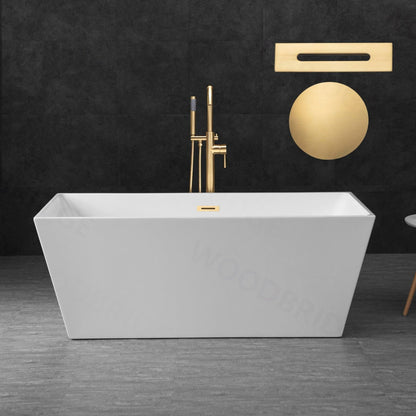 WoodBridge B1412 59" White Acrylic Freestanding Soaking Bathtub With Brushed Gold Drain, Overflow, F0073BGVT Tub Filler and Caddy Tray