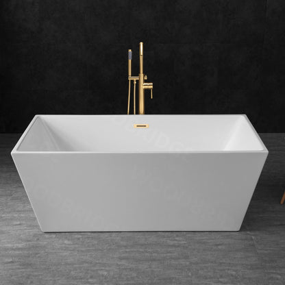 WoodBridge B1412 59" White Acrylic Freestanding Soaking Bathtub With Brushed Gold Drain, Overflow, F0073BGVT Tub Filler and Caddy Tray