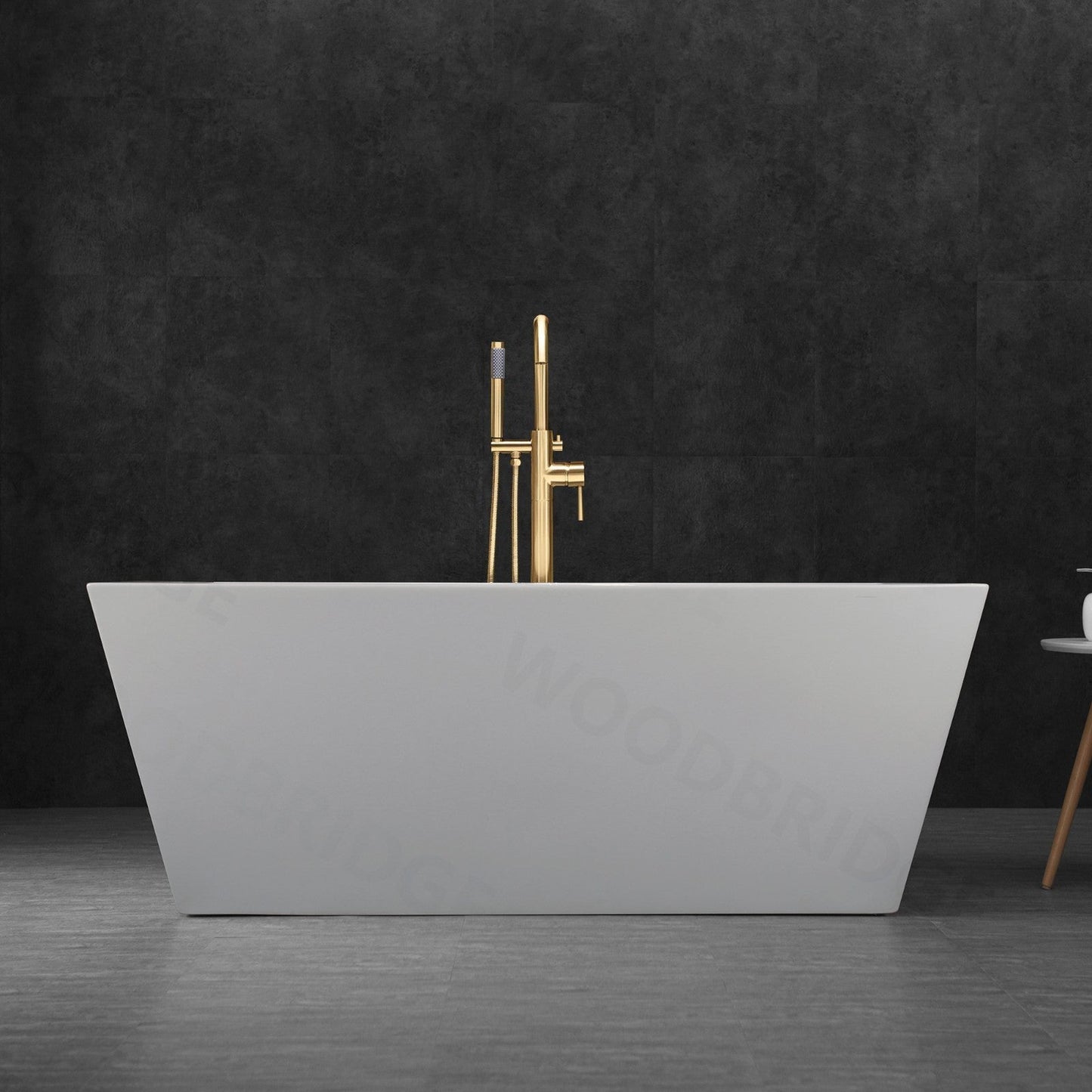 WoodBridge B1412 59" White Acrylic Freestanding Soaking Bathtub With Brushed Gold Drain and Overflow