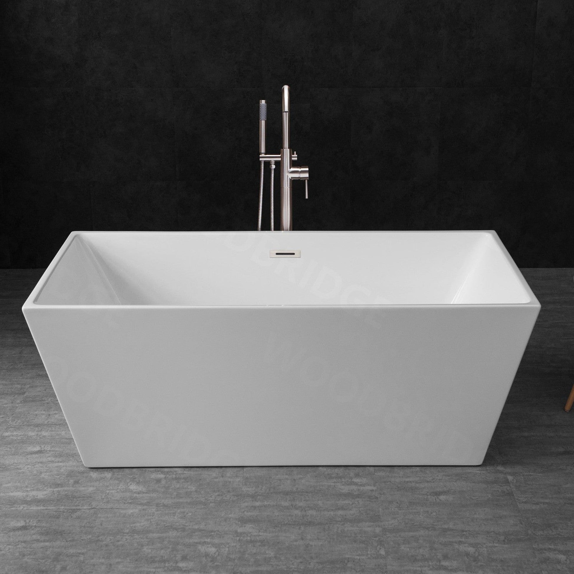 WoodBridge B1412 59" White Acrylic Freestanding Soaking Bathtub With Brushed Nickel Drain, Overflow, F0070BNVT Tub Filler and Caddy Tray