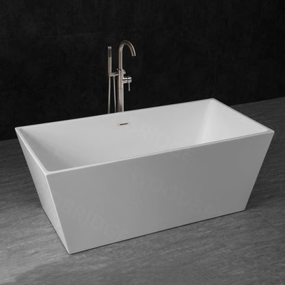 WoodBridge B1412 59" White Acrylic Freestanding Soaking Bathtub With Brushed Nickel Drain, Overflow, F0070BNVT Tub Filler and Caddy Tray