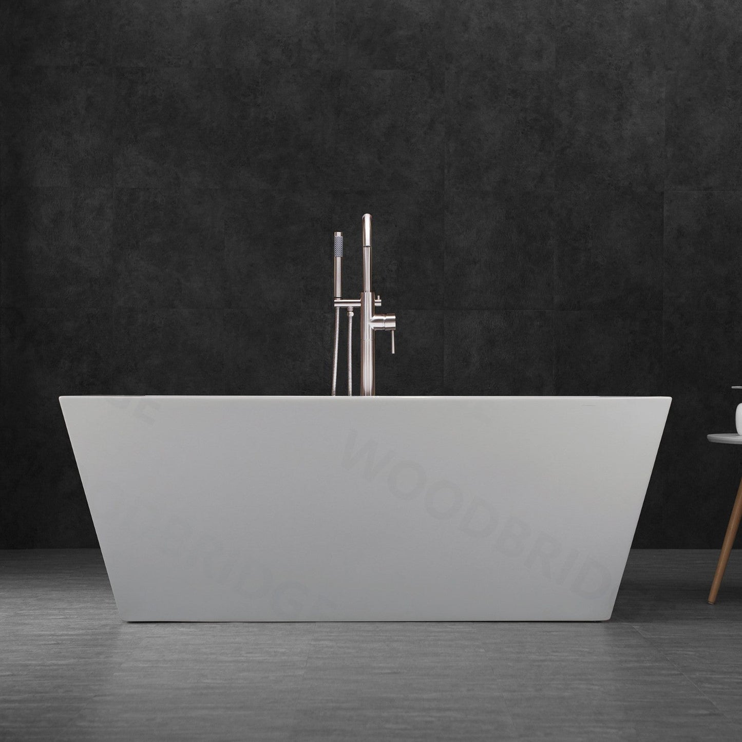 WoodBridge B1412 59" White Acrylic Freestanding Soaking Bathtub With Brushed Nickel Drain and Overflow