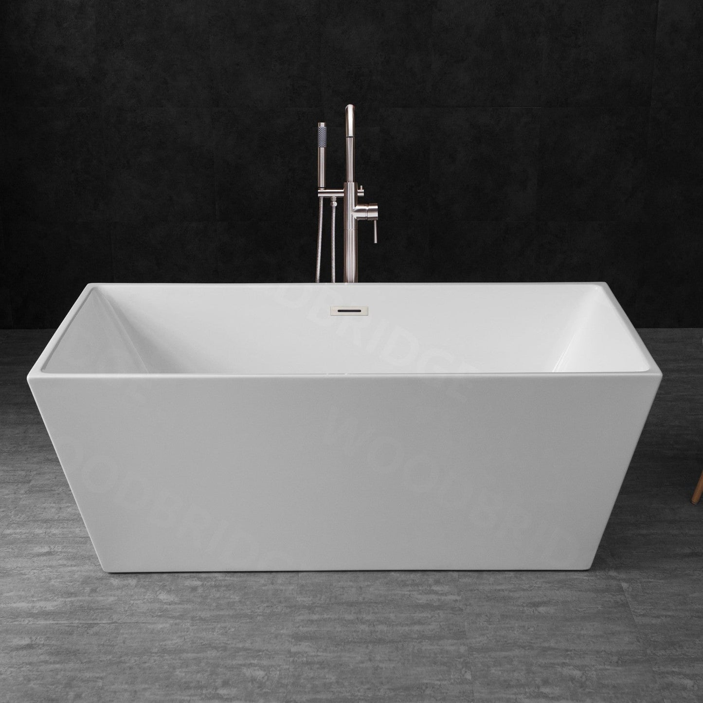 WoodBridge B1412 59" White Acrylic Freestanding Soaking Bathtub With Brushed Nickel Drain and Overflow