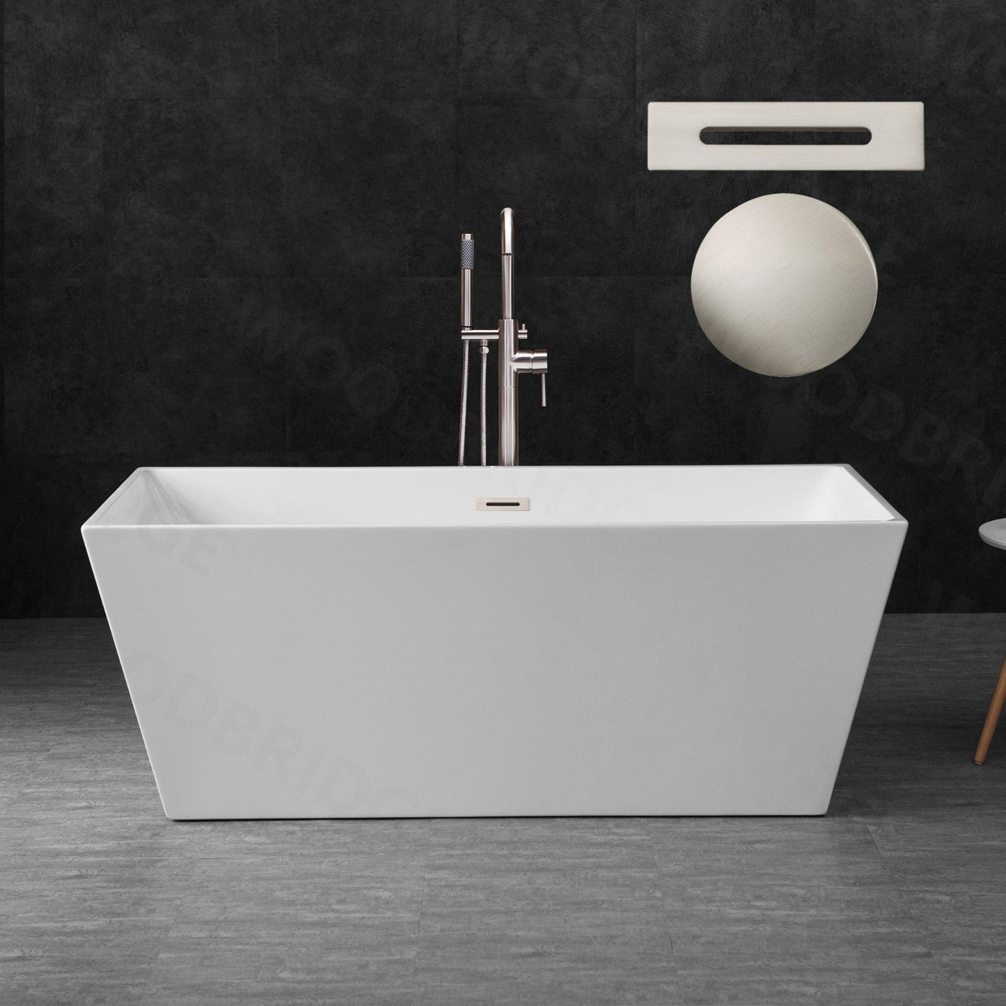 WoodBridge B1412 59" White Acrylic Freestanding Soaking Bathtub With Brushed Nickel Drain and Overflow