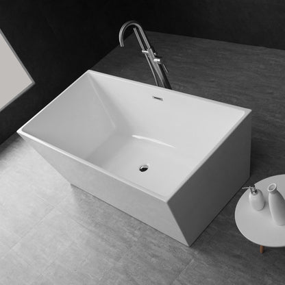 WoodBridge B1412 59" White Acrylic Freestanding Soaking Bathtub With Chrome Drain, Overflow F0071CHVT Tub Filler and Caddy Tray