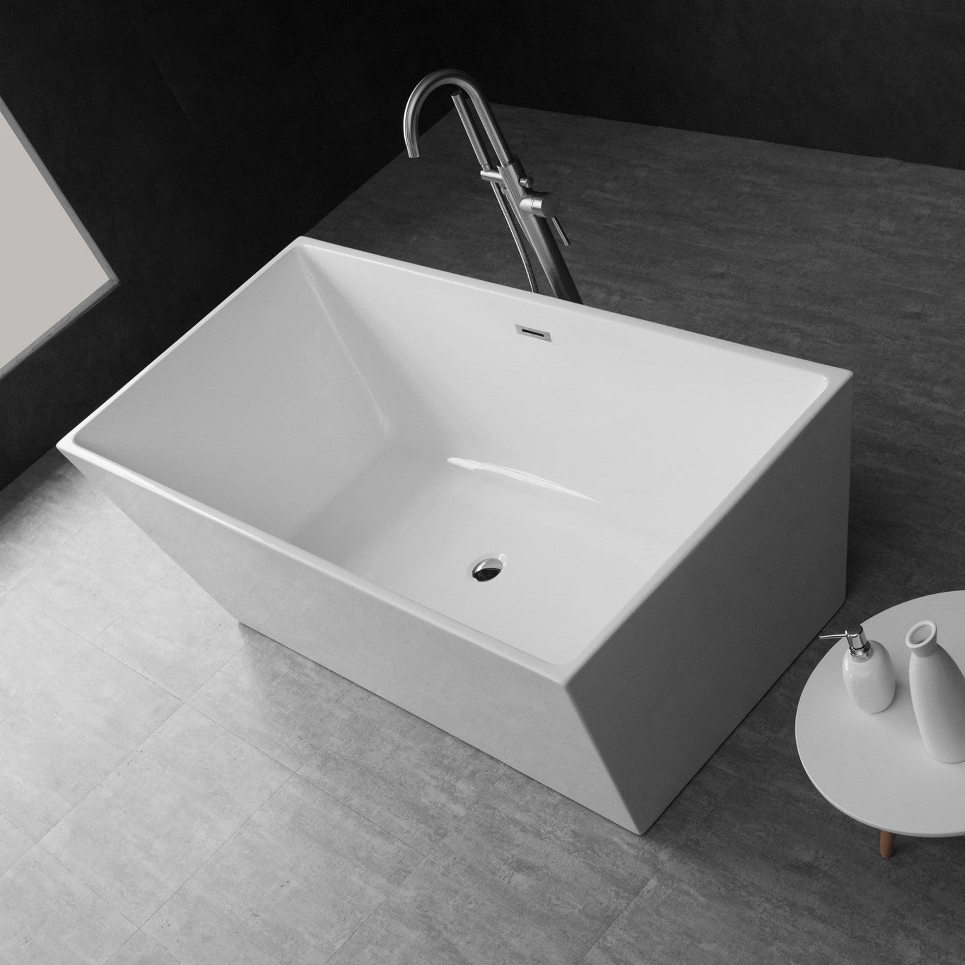 WoodBridge B1412 59" White Acrylic Freestanding Soaking Bathtub With Chrome Drain, Overflow F0071CHVT Tub Filler and Caddy Tray