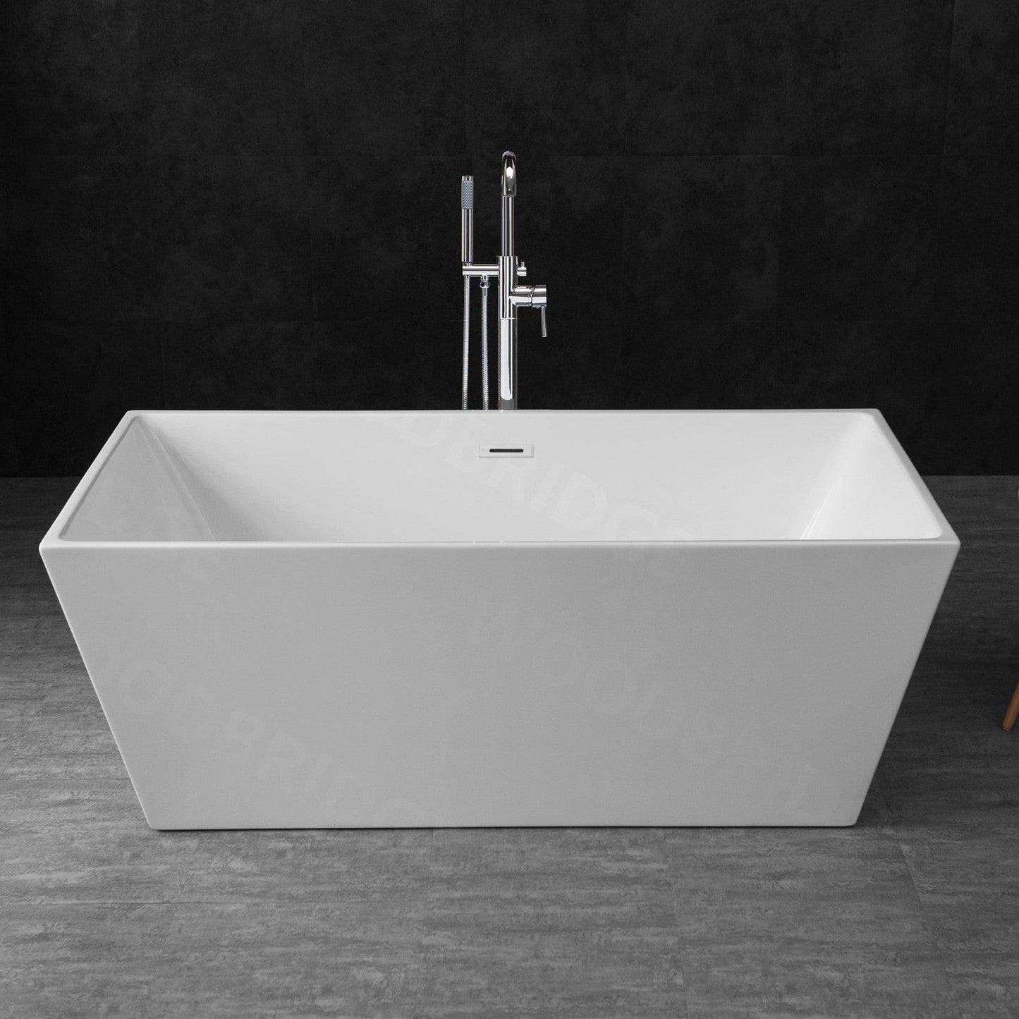 WoodBridge B1412 59" White Acrylic Freestanding Soaking Bathtub With Chrome Drain, Overflow F0071CHVT Tub Filler and Caddy Tray