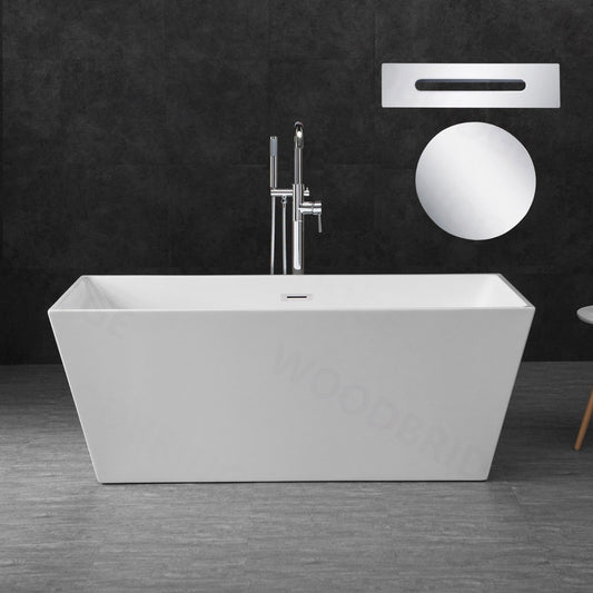 WoodBridge B1412 59" White Acrylic Freestanding Soaking Bathtub With Chrome Drain, Overflow F0071CHVT Tub Filler and Caddy Tray