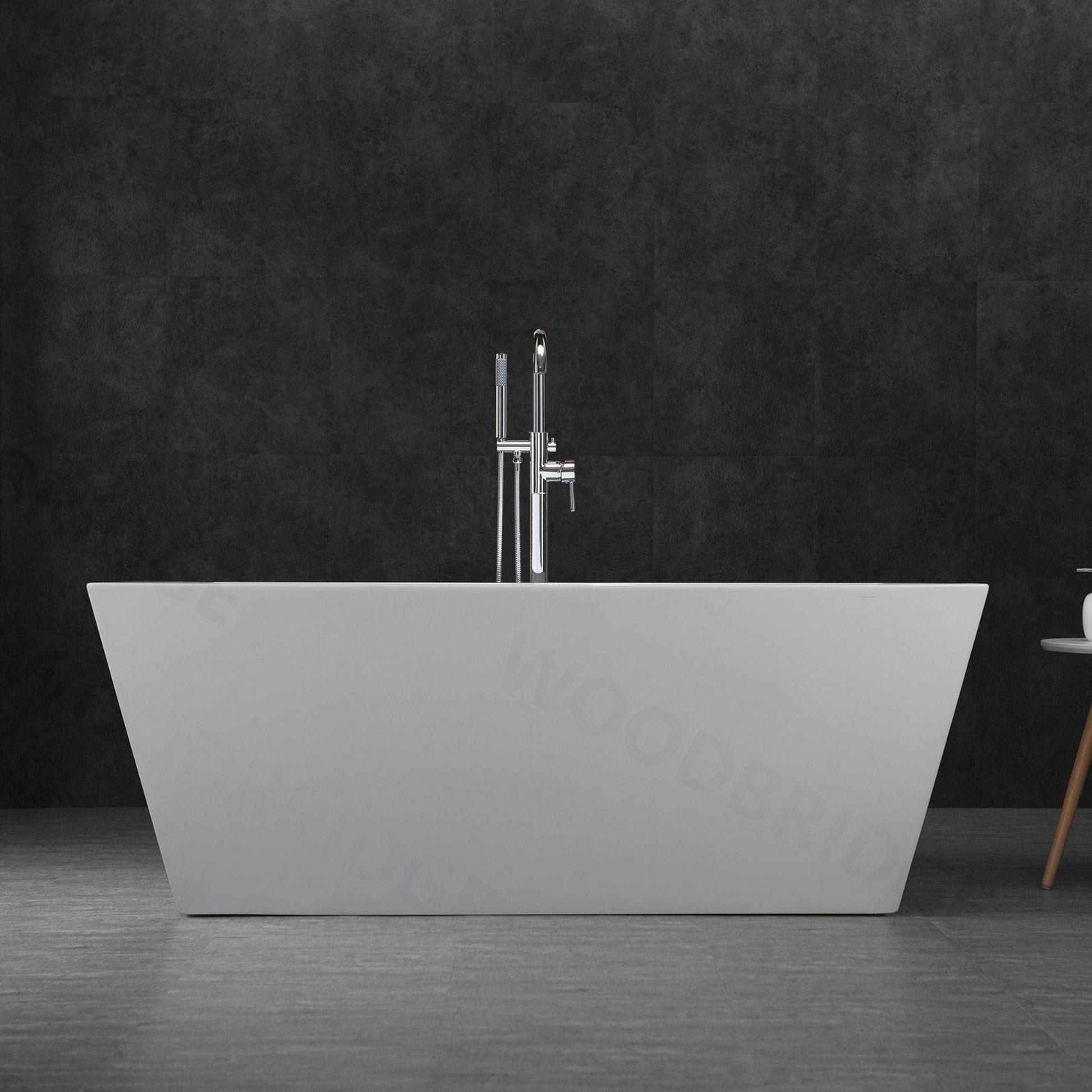 WoodBridge B1412 59" White Acrylic Freestanding Soaking Bathtub With Chrome Drain and Overflow