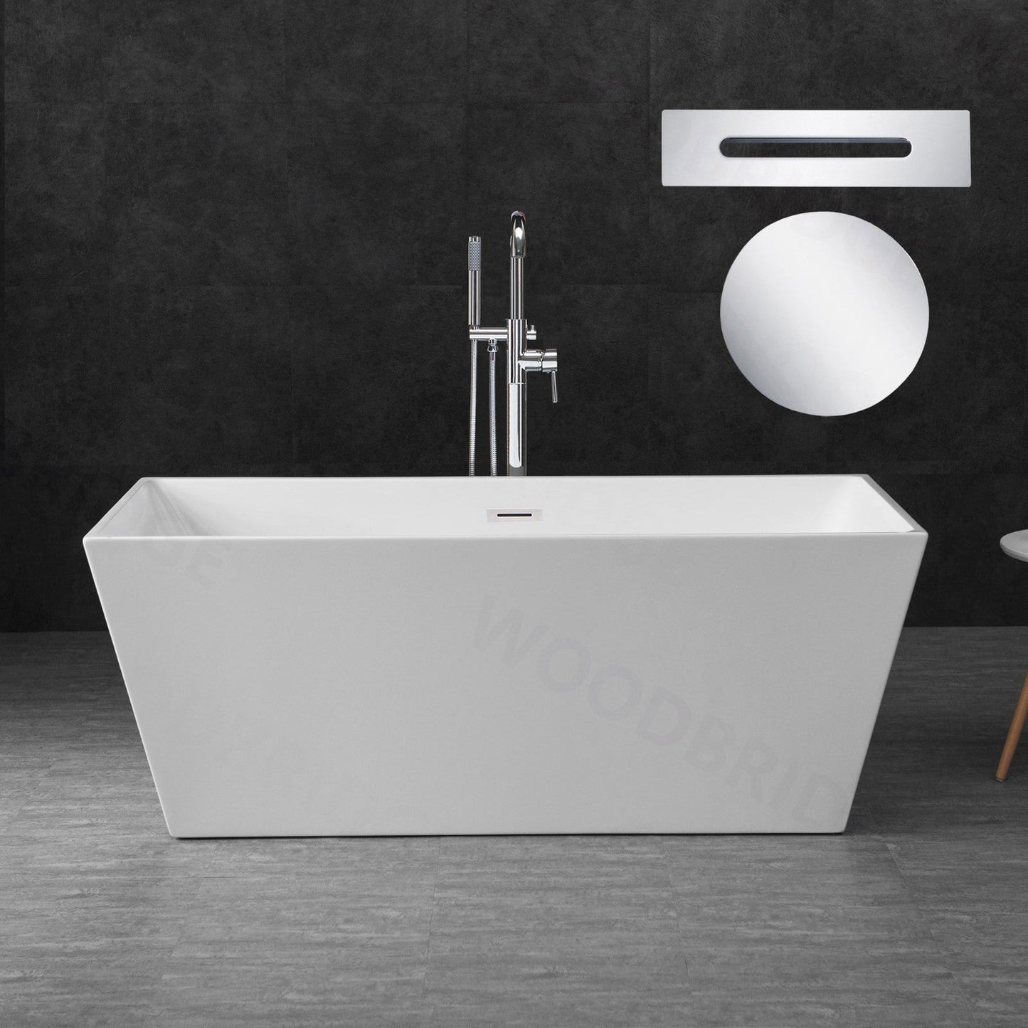 WoodBridge B1412 59" White Acrylic Freestanding Soaking Bathtub With Chrome Drain and Overflow