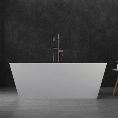 WoodBridge B1412 59" White Acrylic Freestanding Soaking Bathtub With Matte Black Drain, Overflow, F0072MBVT Tub Filler and Caddy Tray