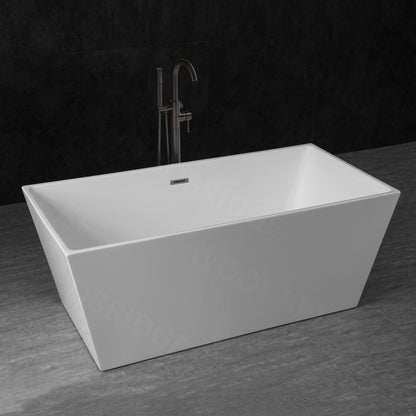 WoodBridge B1412 59" White Acrylic Freestanding Soaking Bathtub With Matte Black Drain, Overflow, F0072MBVT Tub Filler and Caddy Tray