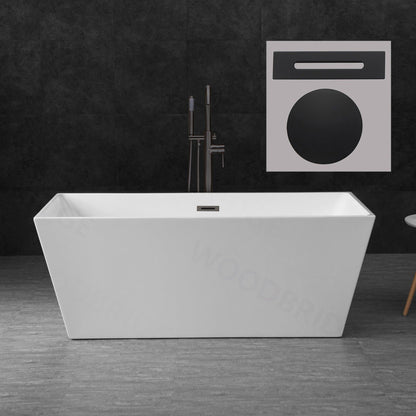 WoodBridge B1412 59" White Acrylic Freestanding Soaking Bathtub With Matte Black Drain, Overflow, F0072MBVT Tub Filler and Caddy Tray