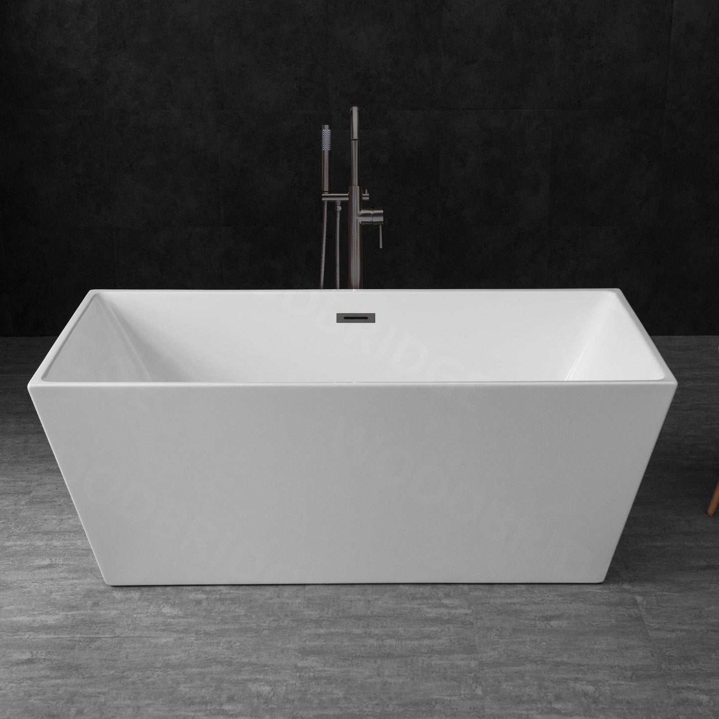 WoodBridge B1412 59" White Acrylic Freestanding Soaking Bathtub With Matte Black Drain, Overflow, F0072MBVT Tub Filler and Caddy Tray