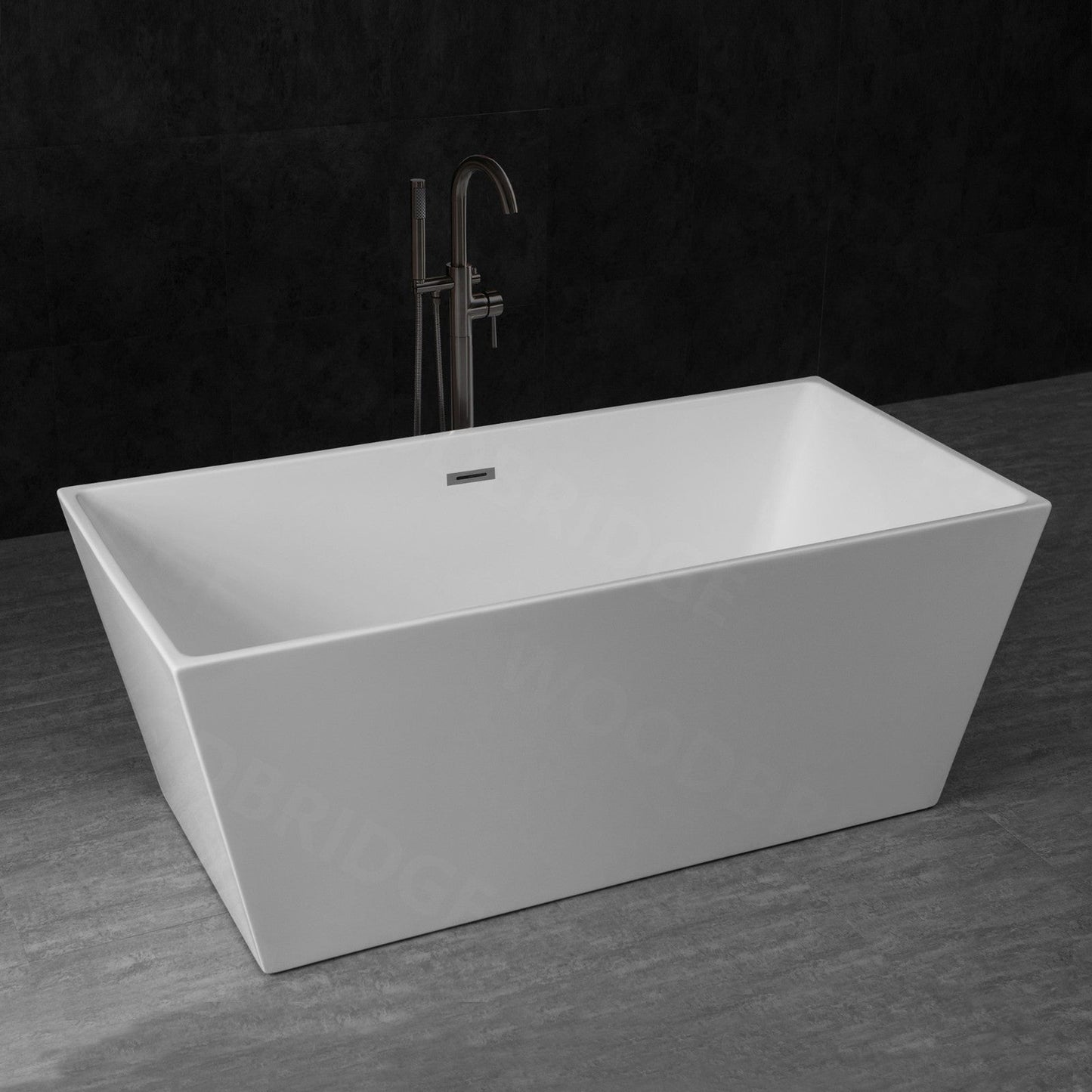 WoodBridge B1412 59" White Acrylic Freestanding Soaking Bathtub With Matte Black Drain and Overflow