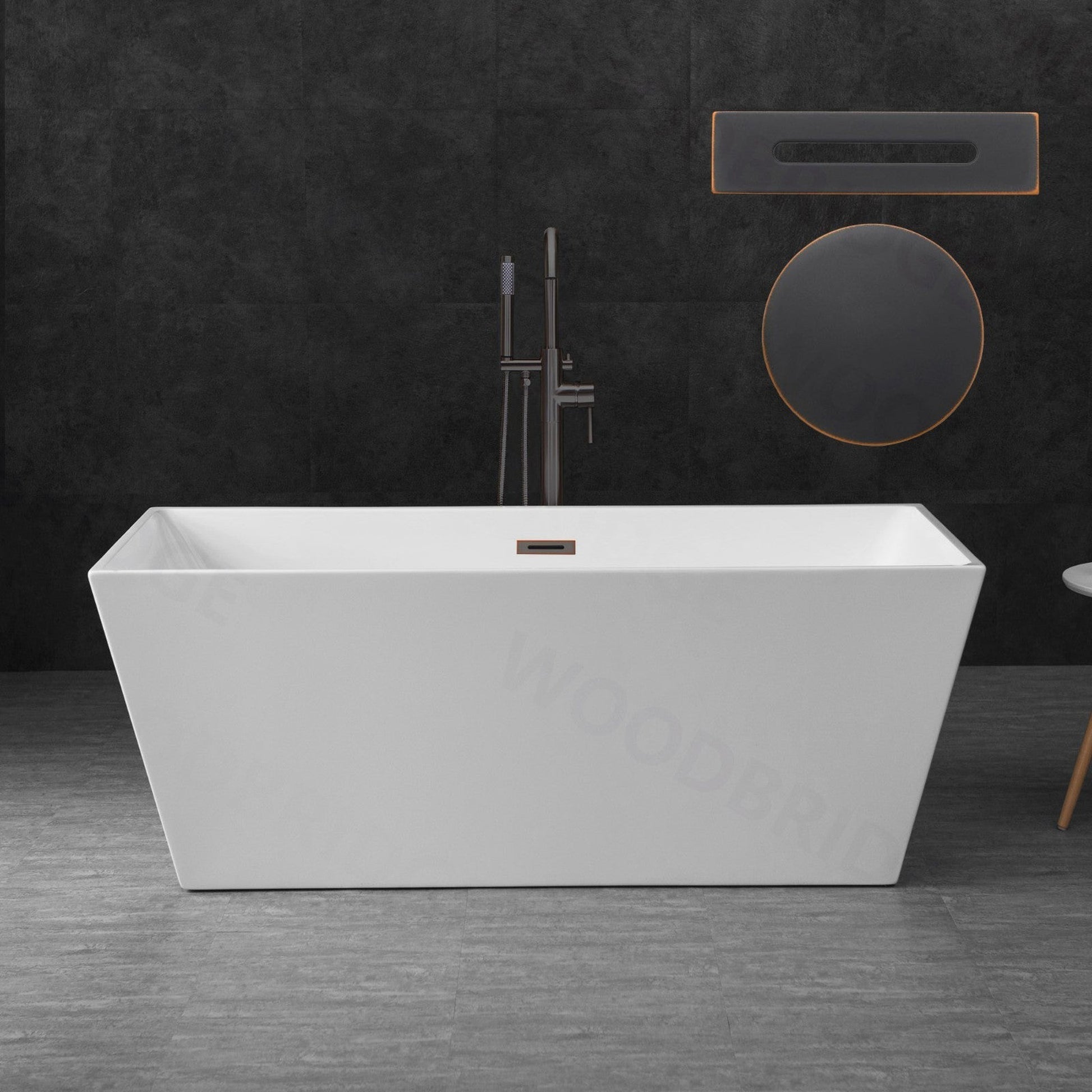 WoodBridge B1412 59" White Acrylic Freestanding Soaking Bathtub With Oil Rubbed Bronze Drain and Overflow