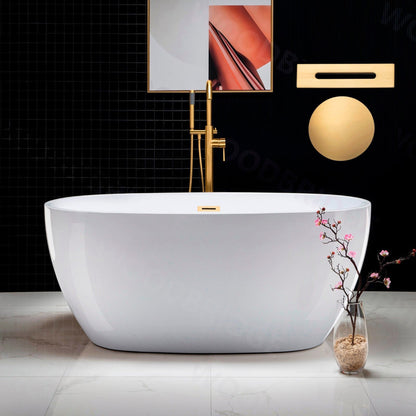WoodBridge B1418 55" White Acrylic Freestanding Soaking Bathtub With Brushed Gold Drain, Overflow, F0073BGVT Tub Filler and Caddy Tray