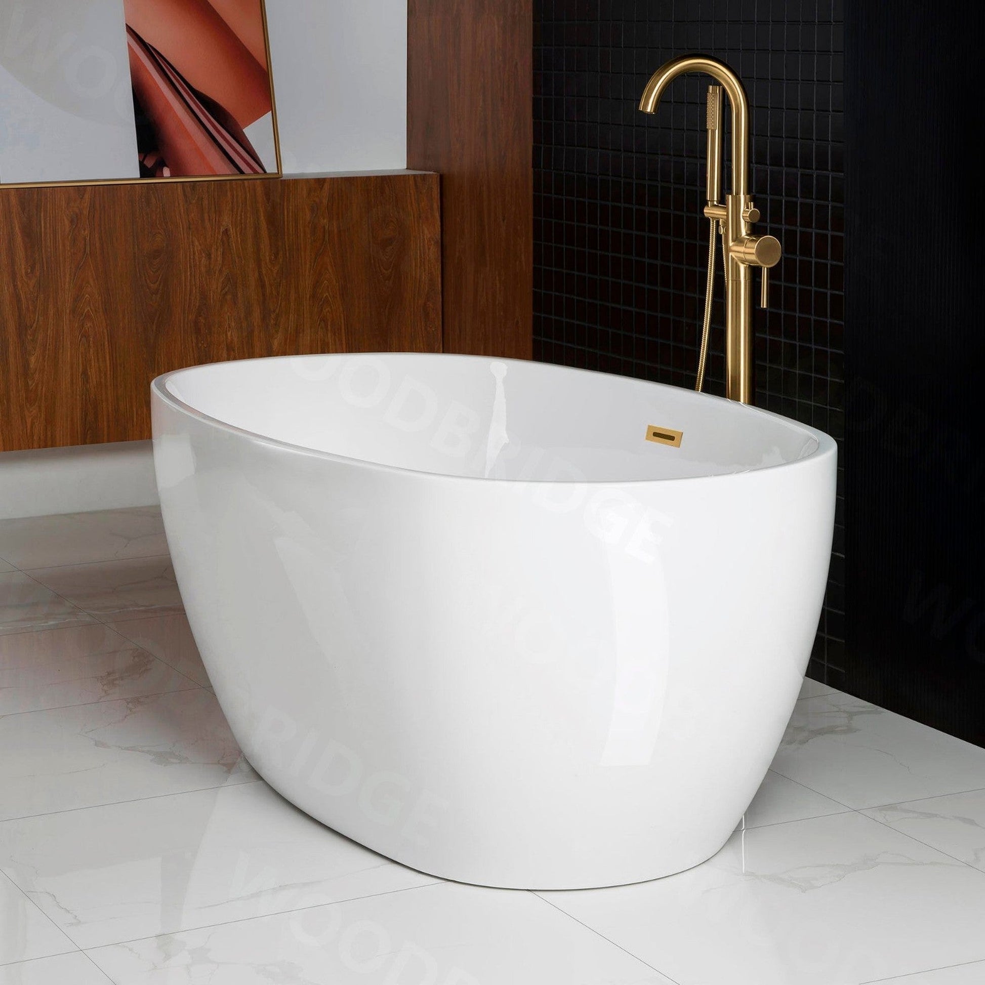 WoodBridge B1418 55" White Acrylic Freestanding Soaking Bathtub With Brushed Gold Drain, Overflow, F0073BGVT Tub Filler and Caddy Tray