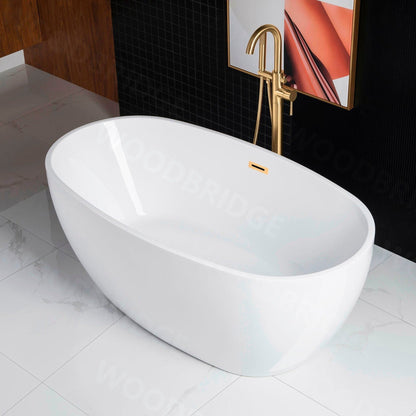 WoodBridge B1418 55" White Acrylic Freestanding Soaking Bathtub With Brushed Gold Drain, Overflow, F0073BGVT Tub Filler and Caddy Tray