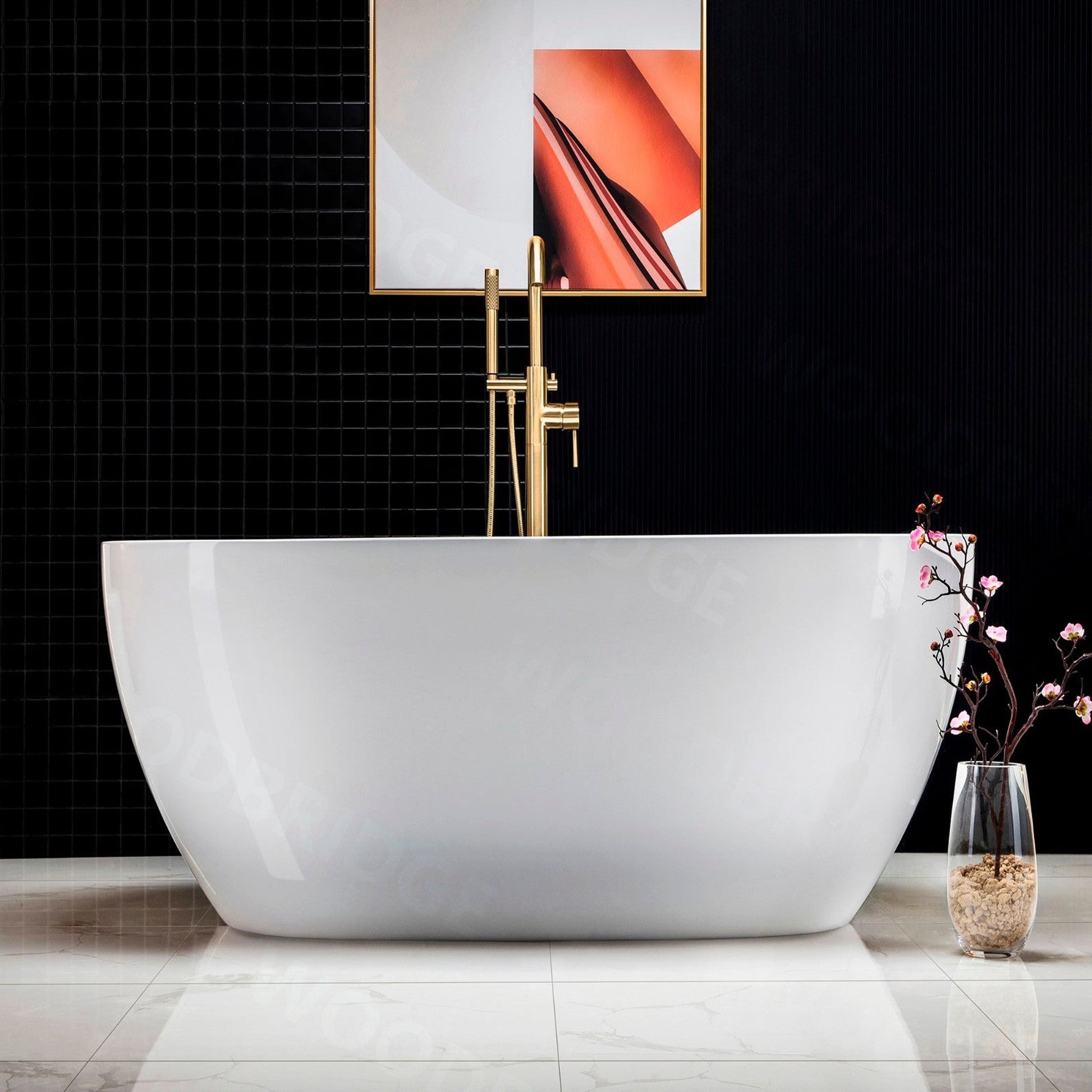 WoodBridge B1418 55" White Acrylic Freestanding Soaking Bathtub With Brushed Gold Drain and Overflow