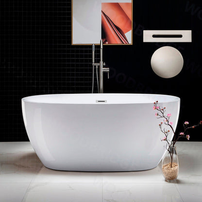 WoodBridge B1418 55" White Acrylic Freestanding Soaking Bathtub With Brushed Nickel Drain, Overflow, F0070BNVT Tub Filler and Caddy Tray
