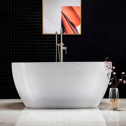 WoodBridge B1418 55" White Acrylic Freestanding Soaking Bathtub With Brushed Nickel Drain and Overflow