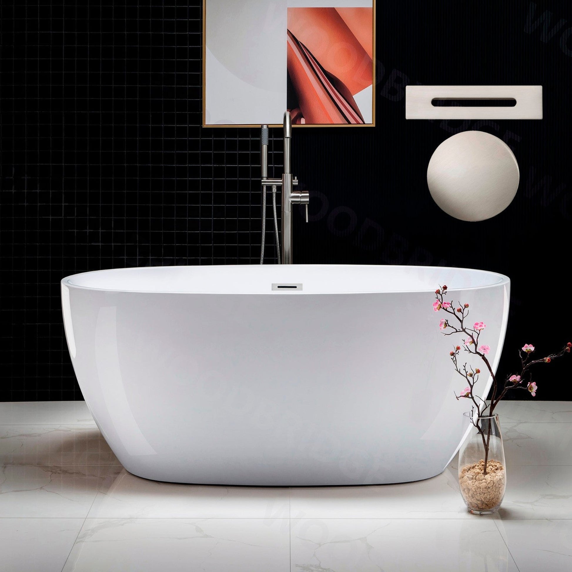 WoodBridge B1418 55" White Acrylic Freestanding Soaking Bathtub With Brushed Nickel Drain and Overflow