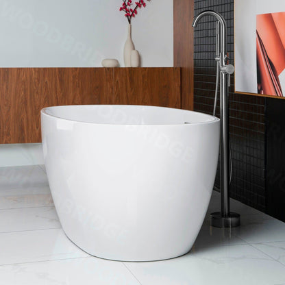 WoodBridge B1418 55" White Acrylic Freestanding Soaking Bathtub With Chrome Drain, Overflow, F0071CHVT Tub Filler and Caddy Tray