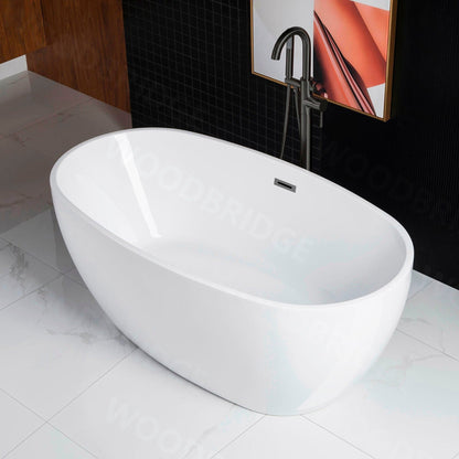 WoodBridge B1418 55" White Acrylic Freestanding Soaking Bathtub With Matte Black Drain, Overflow, F0072MBVT Tub Filler and Caddy Tray