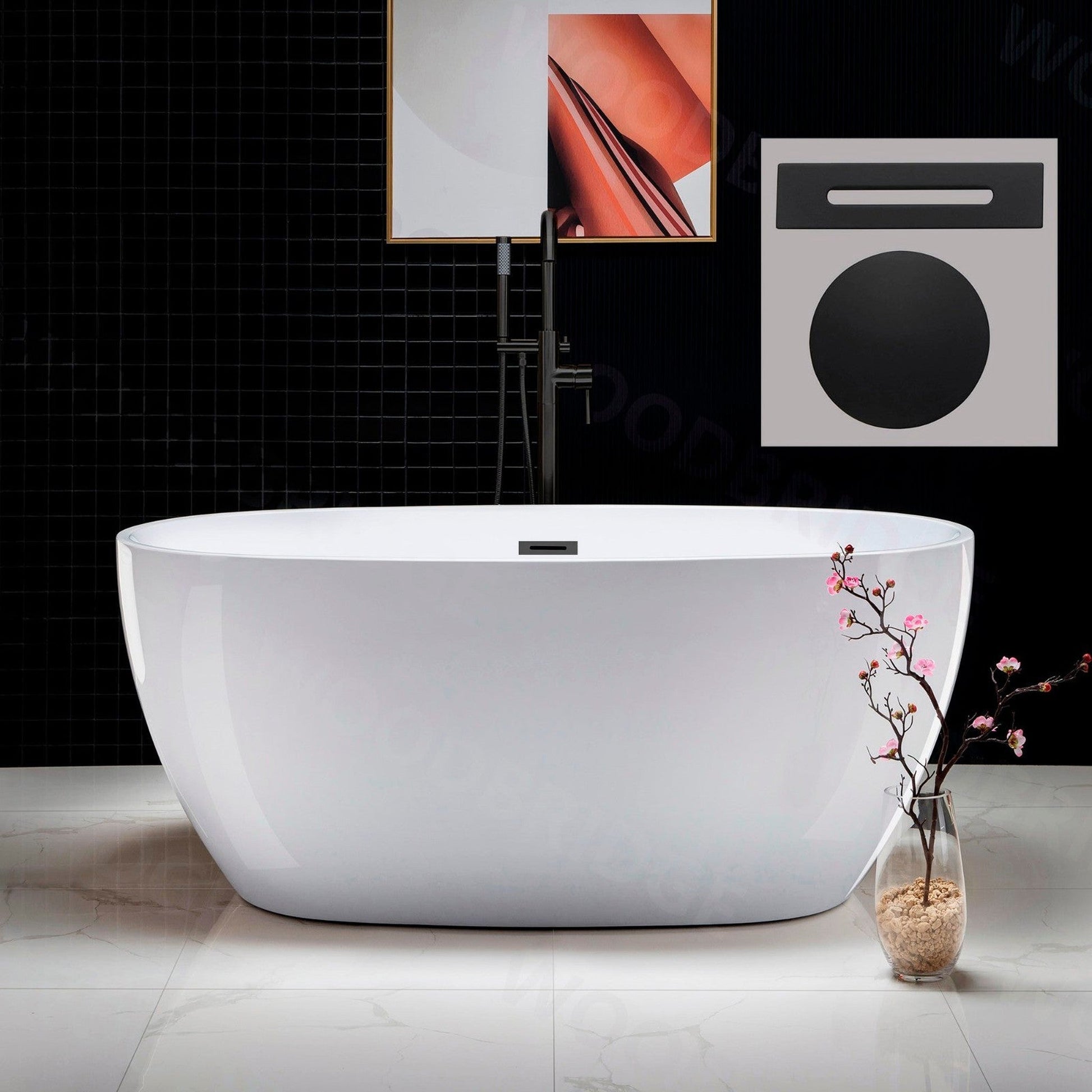 WoodBridge B1418 55" White Acrylic Freestanding Soaking Bathtub With Matte Black Drain, Overflow, F0072MBVT Tub Filler and Caddy Tray