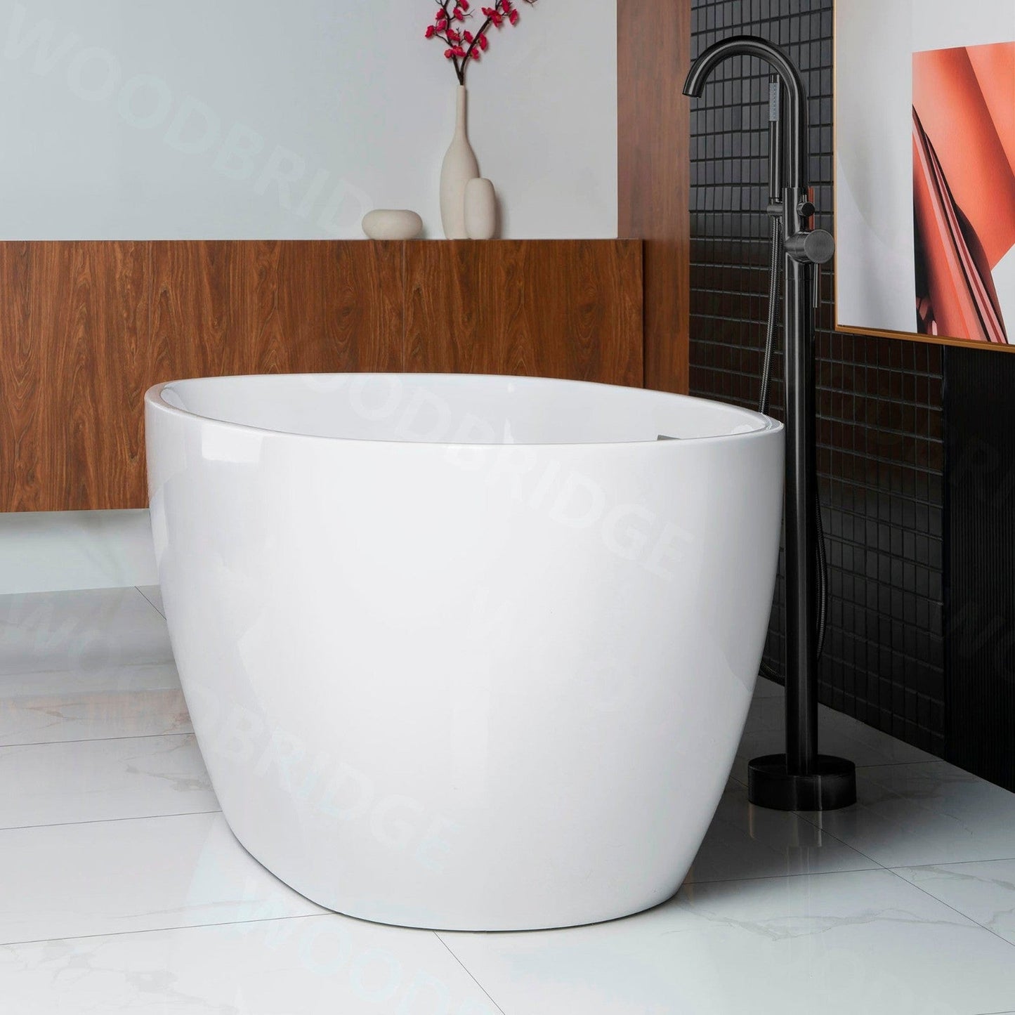 WoodBridge B1418 55" White Acrylic Freestanding Soaking Bathtub With Matte Black Drain, Overflow, F0072MBVT Tub Filler and Caddy Tray