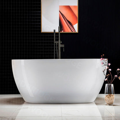 WoodBridge B1418 55" White Acrylic Freestanding Soaking Bathtub With Matte Black Drain, Overflow, F0072MBVT Tub Filler and Caddy Tray