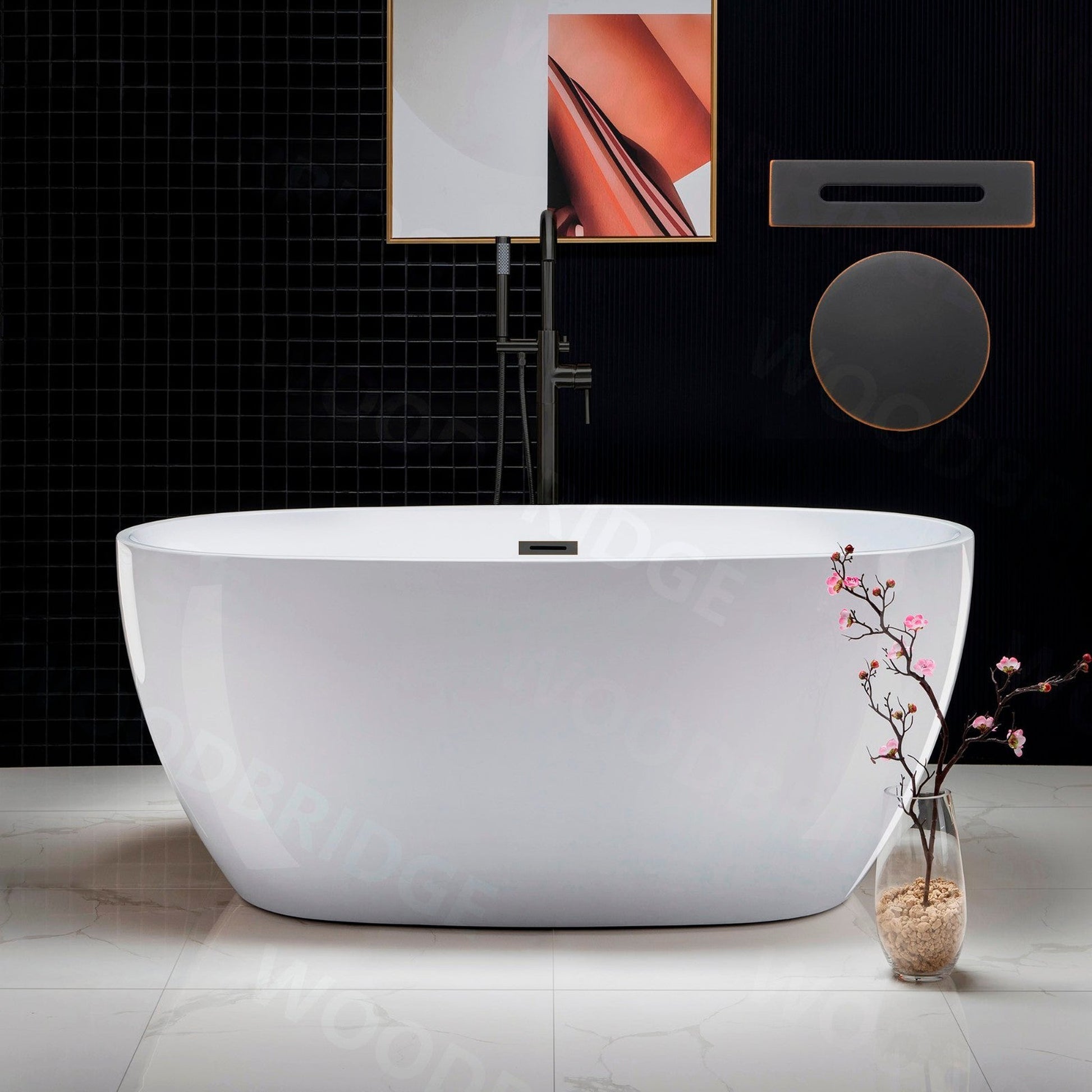 WoodBridge B1418 55" White Acrylic Freestanding Soaking Bathtub With Oil Rubbed Bronze Drain and Overflow