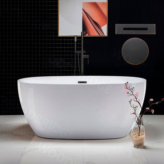 WoodBridge B1418 55" White Acrylic Freestanding Soaking Bathtub With Oil Rubbed Bronze Drain and Overflow