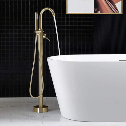 WoodBridge B1538 71" White Acrylic Freestanding Soaking Bathtub With Brushed Gold Overflow, Drain, F-0007BGRD Tub Filler and Caddy Tray