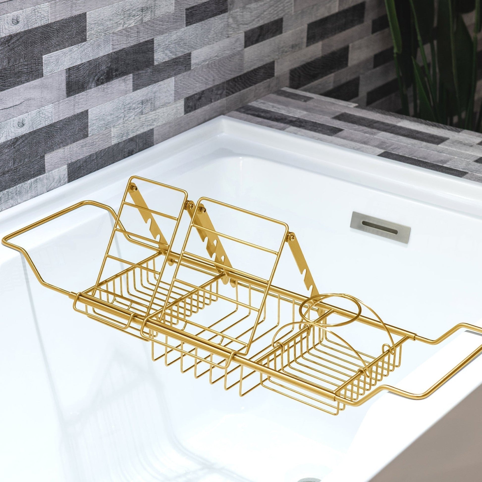 WoodBridge B1538 71" White Acrylic Freestanding Soaking Bathtub With Brushed Gold Overflow, Drain, F0073BGDR Tub Filler and Caddy Tray