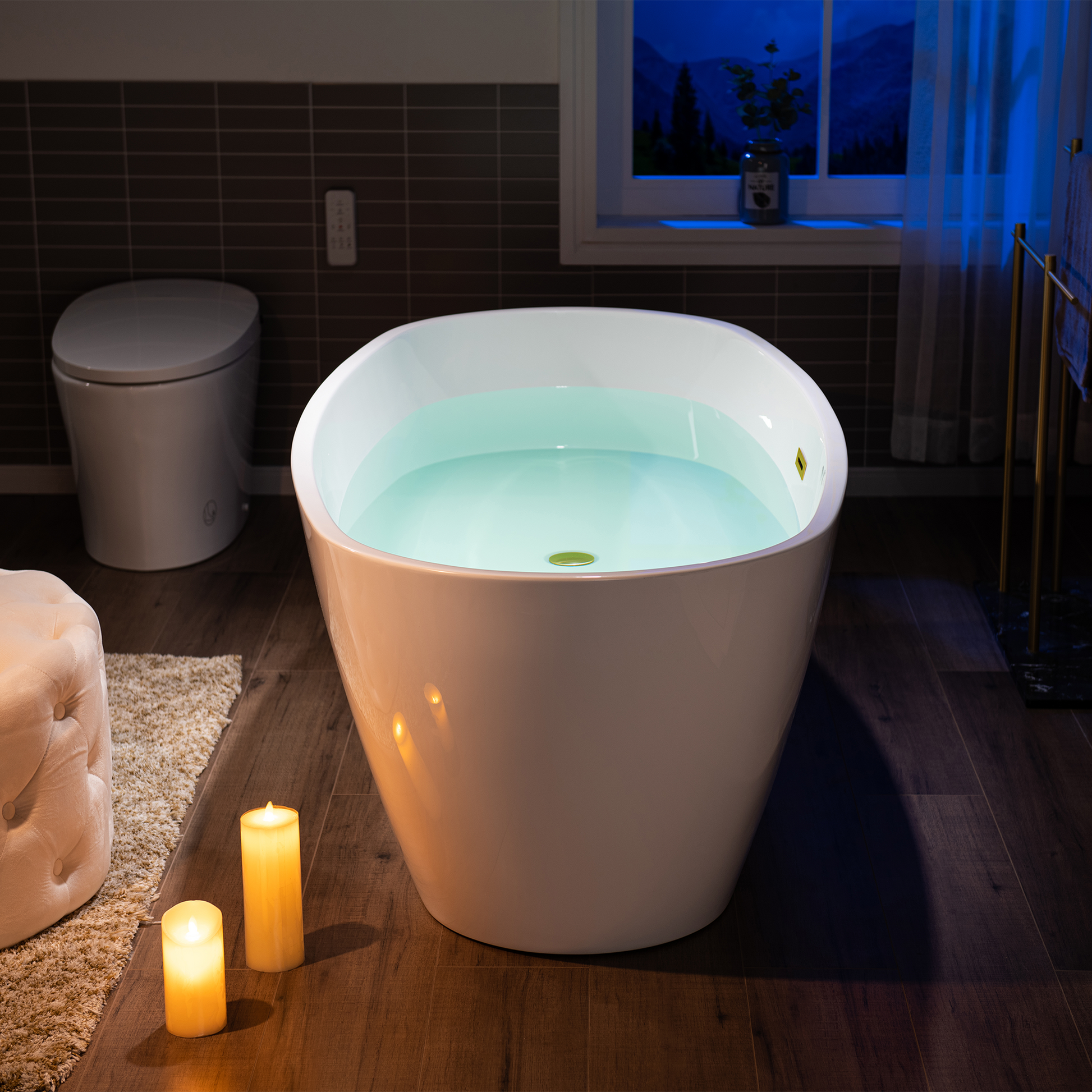 WoodBridge B1538 71" White Acrylic Freestanding Soaking Bathtub With Brushed Gold Overflow, Drain, F0073BGDR Tub Filler and Caddy Tray