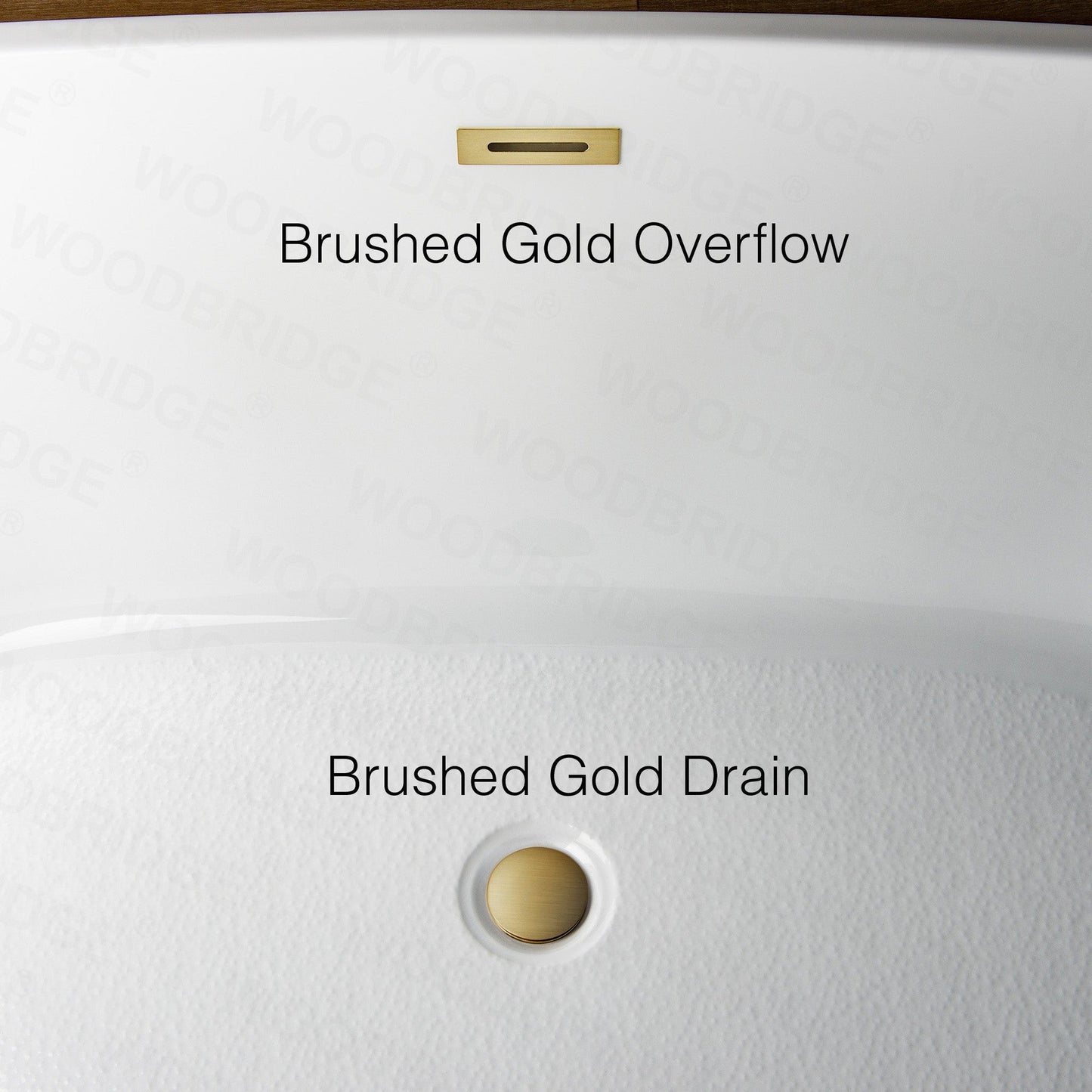 WoodBridge B1538 71" White Acrylic Freestanding Soaking Bathtub With Brushed Gold Overflow, Drain, F0073BGDR Tub Filler and Caddy Tray