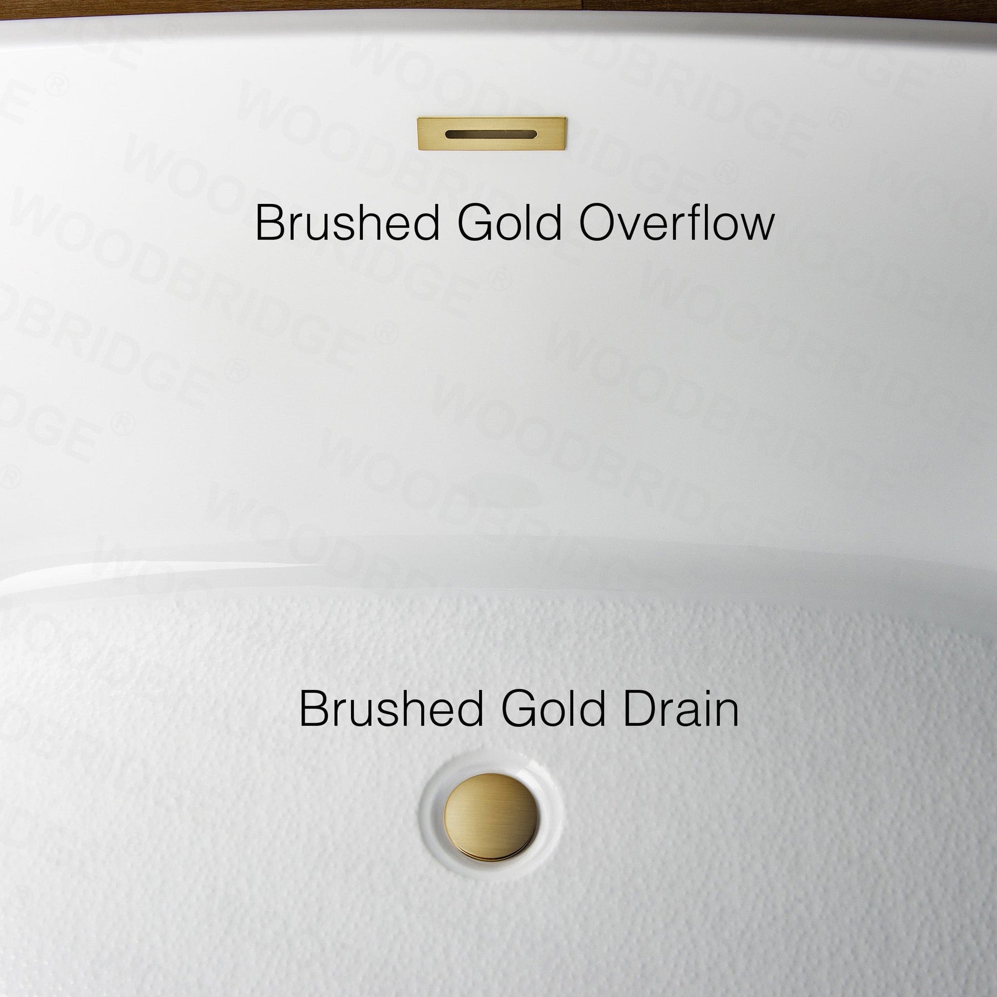 WoodBridge B1538 71" White Acrylic Freestanding Soaking Bathtub With Brushed Gold Overflow, Drain, F0073BGDR Tub Filler and Caddy Tray
