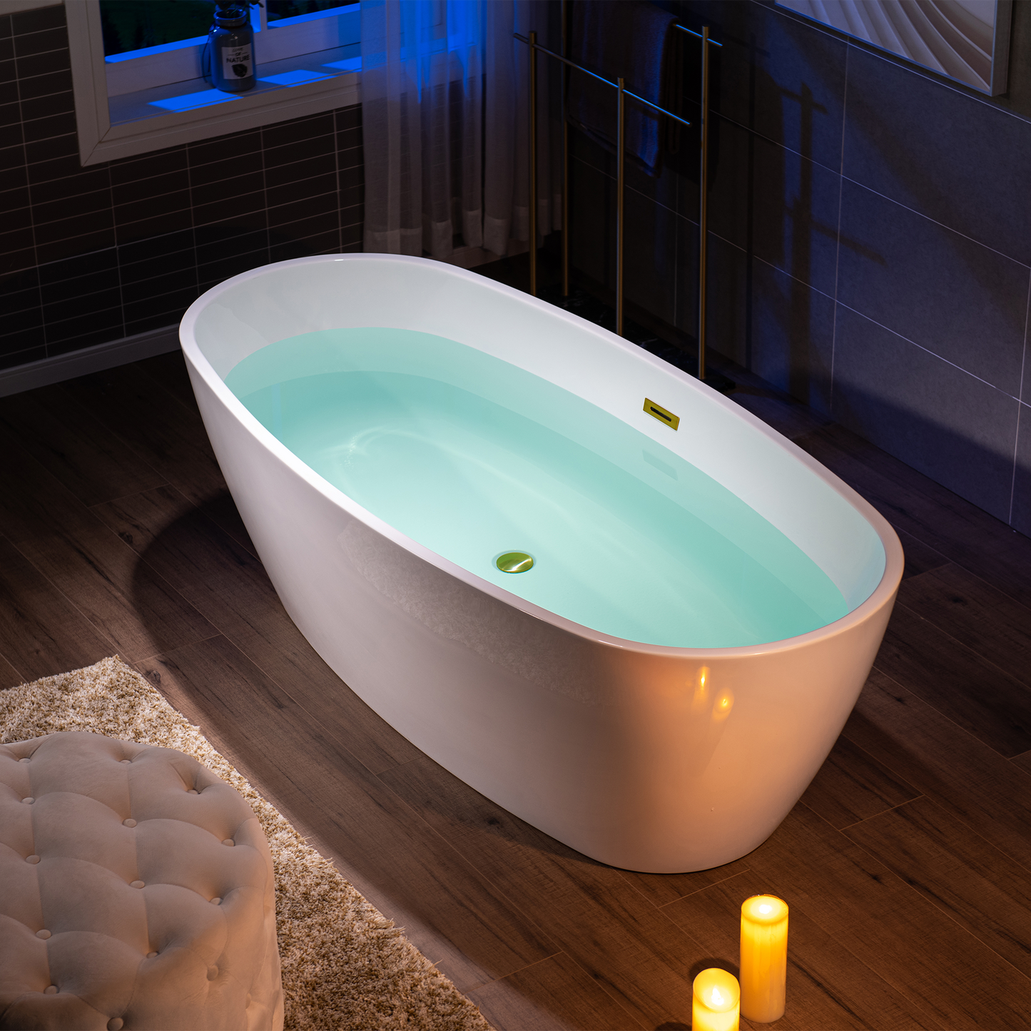 WoodBridge B1538 71" White Acrylic Freestanding Soaking Bathtub With Brushed Gold Overflow, Drain, F0073BGRD Tub Filler and Caddy Tray