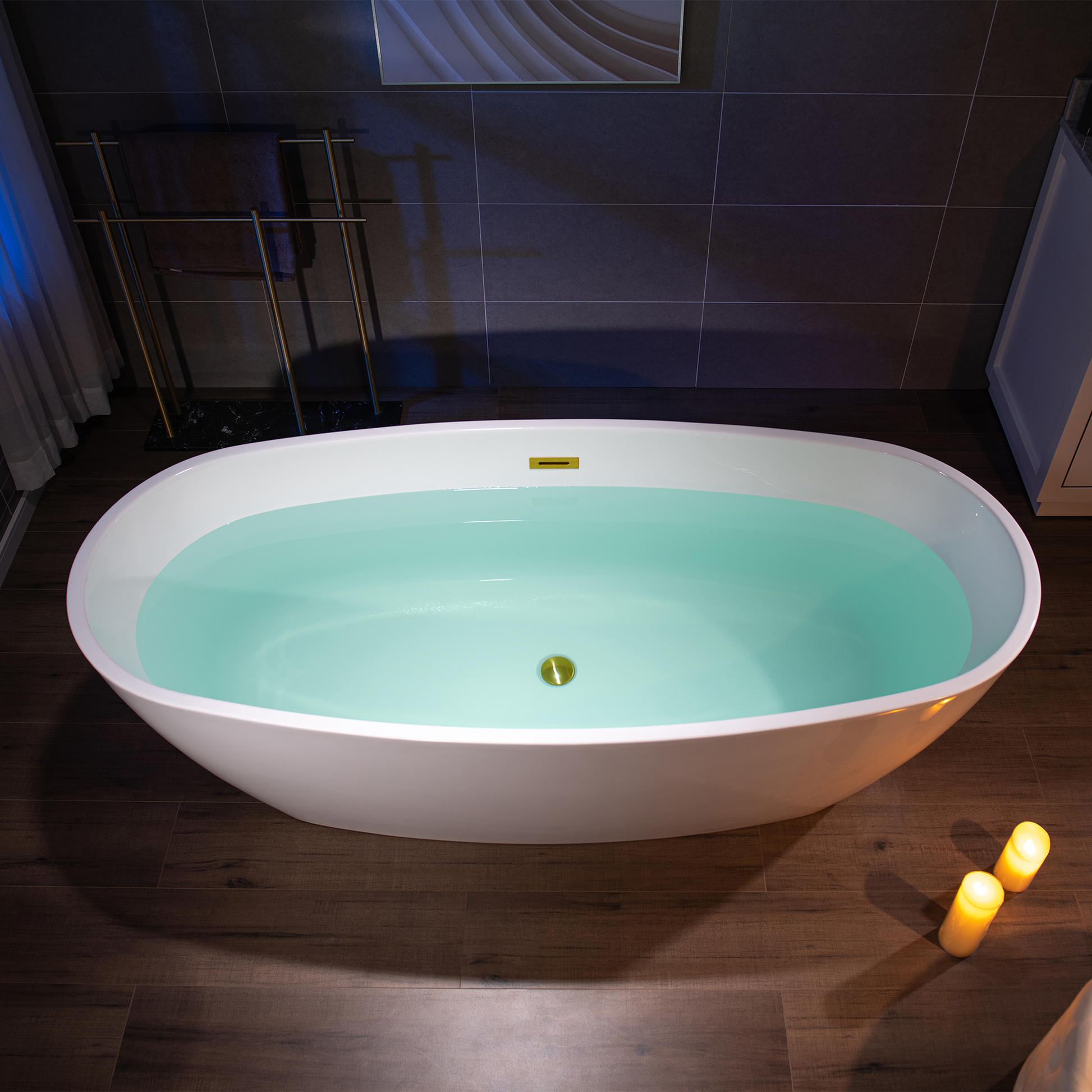WoodBridge B1538 71" White Acrylic Freestanding Soaking Bathtub With Brushed Gold Overflow, Drain, F0073BGVT Tub Filler and Caddy Tray