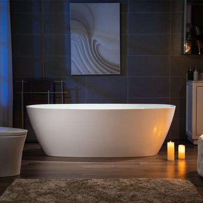 WoodBridge B1538 71" White Acrylic Freestanding Soaking Bathtub With Brushed Gold Overflow and Drain