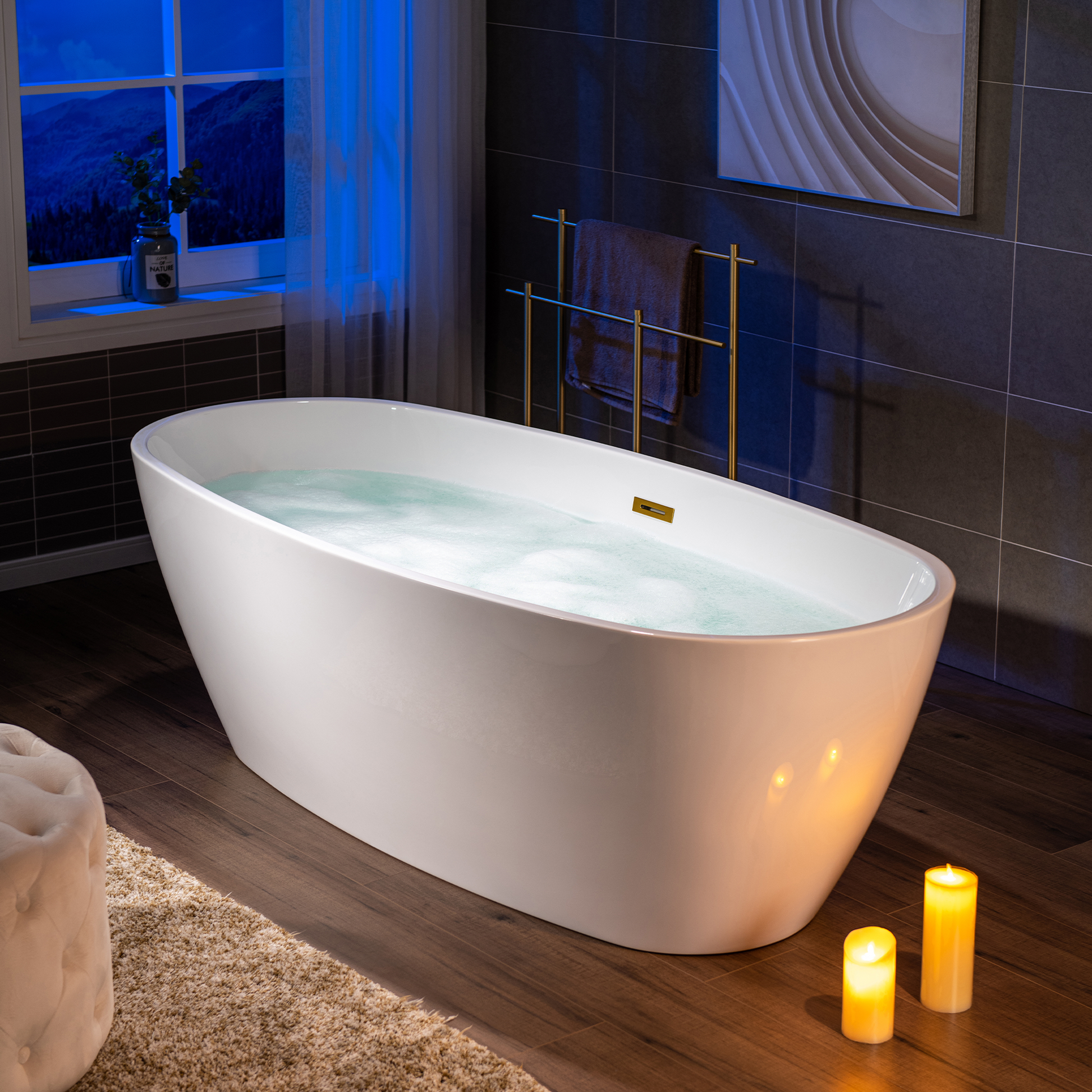 WoodBridge B1538 71" White Acrylic Freestanding Soaking Bathtub With Brushed Gold Overflow and Drain