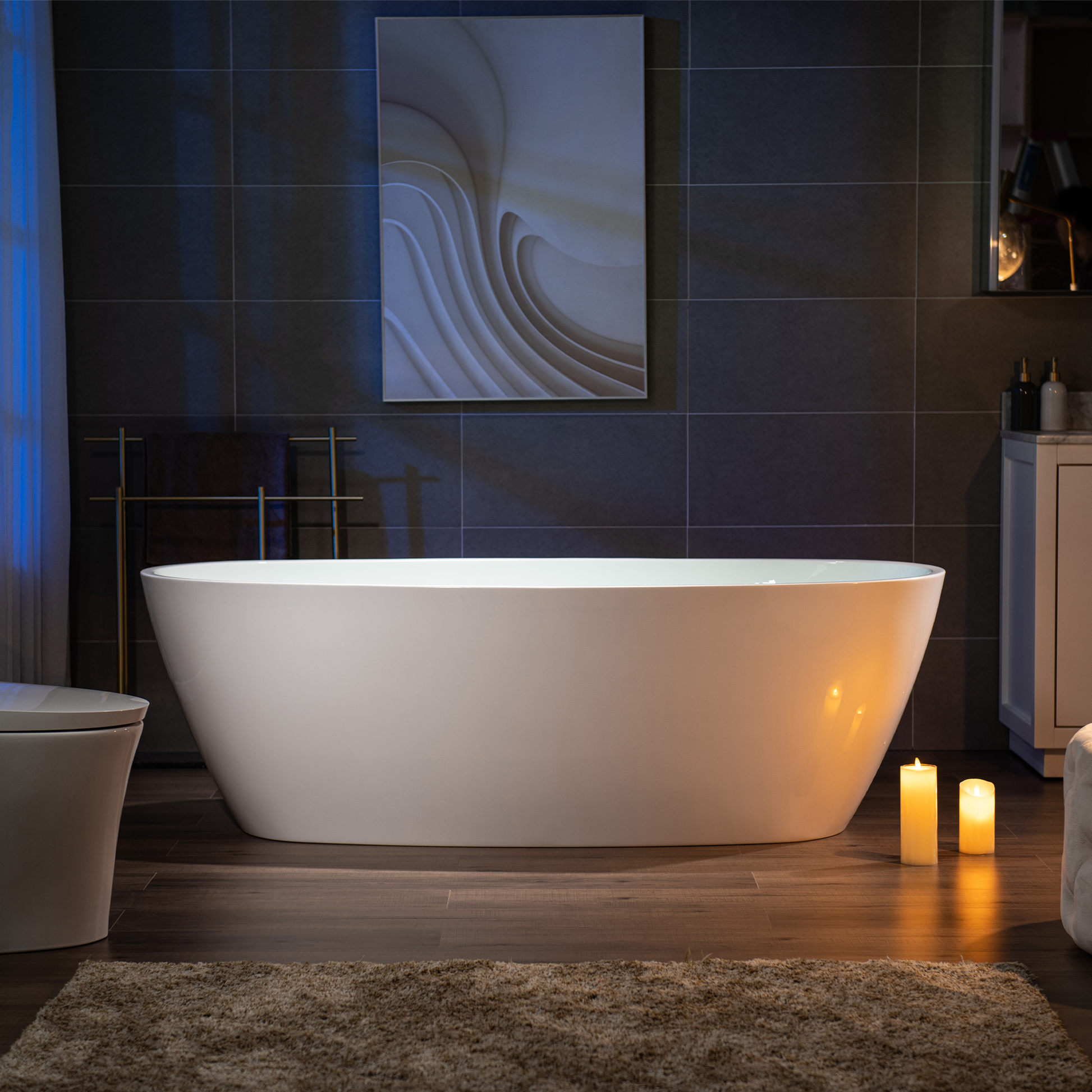 WoodBridge B1538 71" White Acrylic Freestanding Soaking Bathtub With Brushed Nickel Overflow, Drain, F0001BNRD Tub Filler and Caddy Tray
