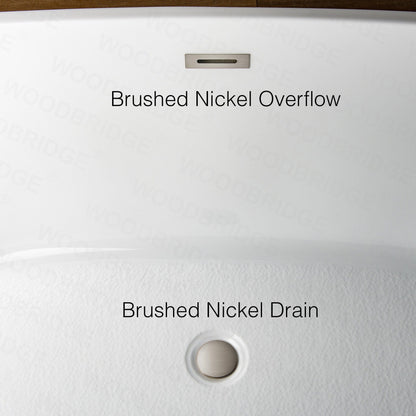WoodBridge B1538 71" White Acrylic Freestanding Soaking Bathtub With Brushed Nickel Overflow, Drain, F0001BNVT Tub Filler and Caddy Tray